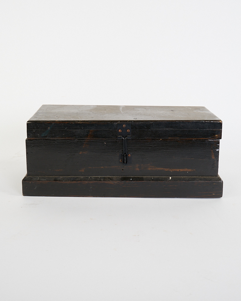 Vintage Black Painted Wooden Storage Box with Metal Hardware