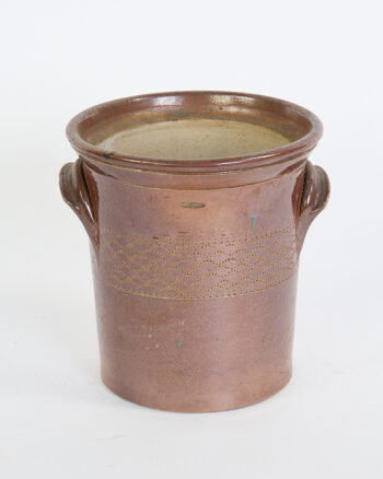 Vintage Brown Glazed Ceramic Pot with Impressed Pattern and Handles