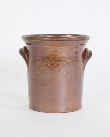 Vintage Brown Glazed Ceramic Pot with Impressed Pattern and Handles