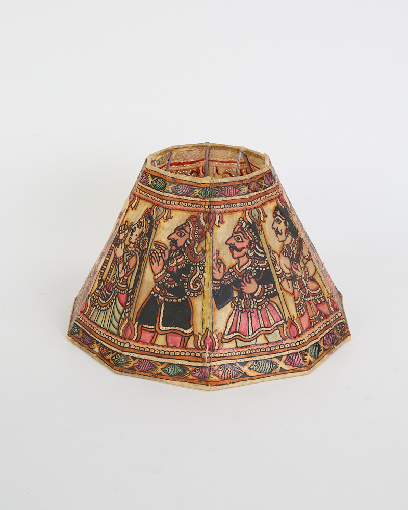 Vintage Indian Hand-Painted Parchment Lampshade with Folk Art Figures