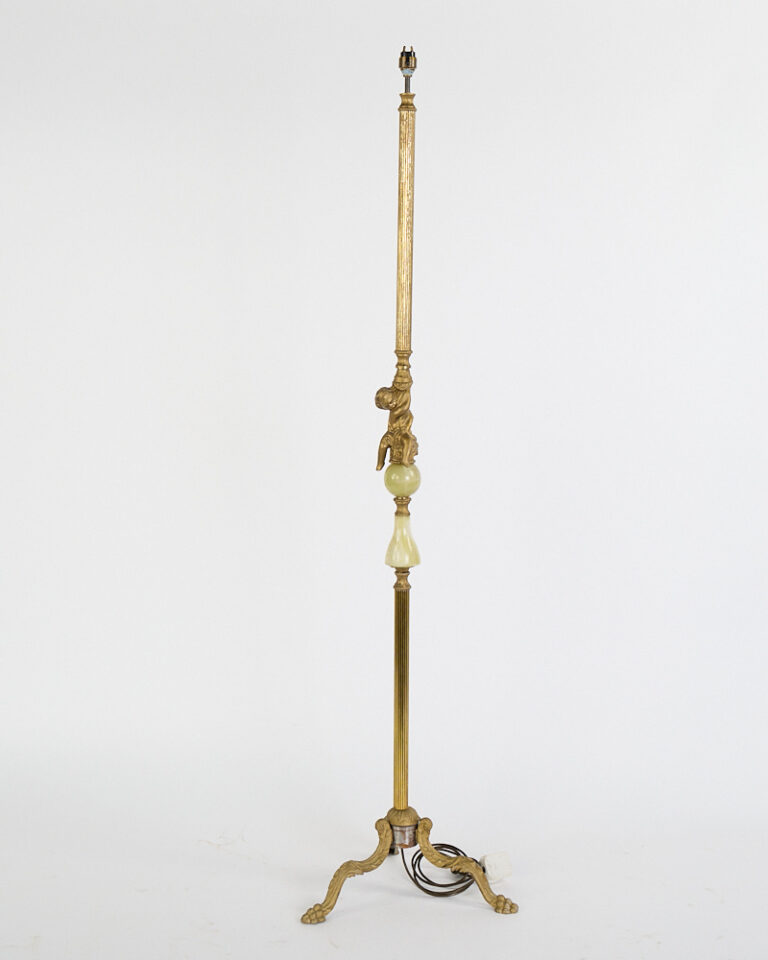 Victorian Brass Floor Lamp with Cherub Figure and Green Stone