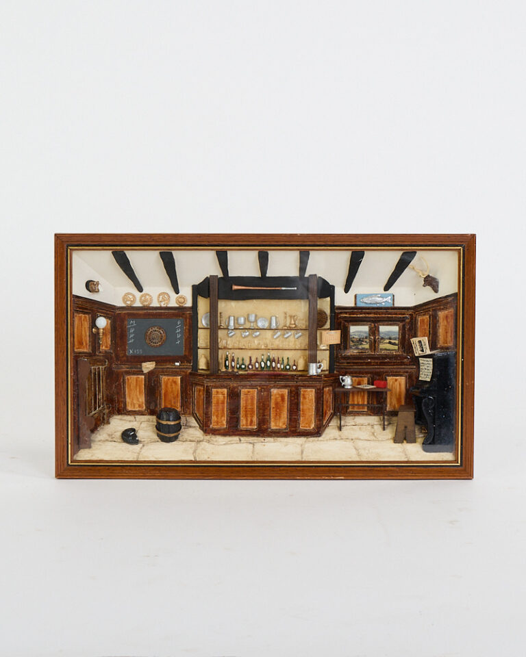 Vintage Wood Framed Pub Diorama with Miniature Interior Scene
