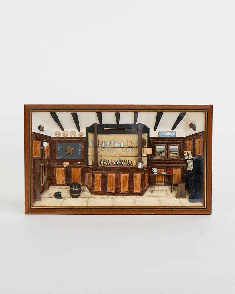 Vintage Wood Framed Pub Diorama with Miniature Interior Scene
