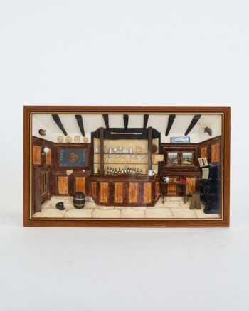 Vintage Wood Framed Pub Diorama with Miniature Interior Scene