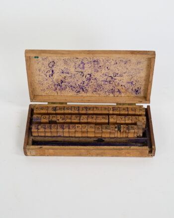 Vintage Wood Alphabet & Number Printing Stamp Box with Ink Marks