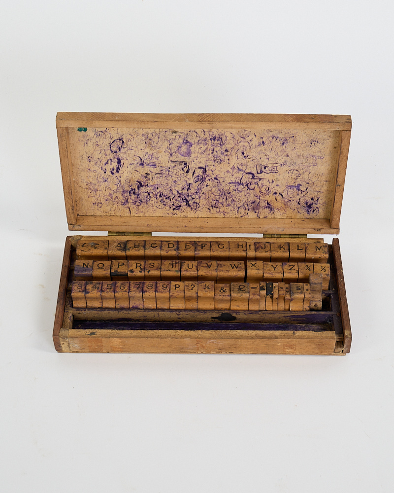 Vintage Wood Alphabet & Number Printing Stamp Box with Ink Marks