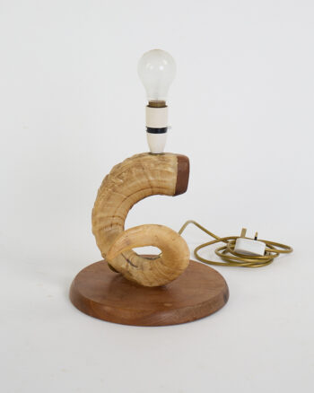 Vintage Ram’s Horn and Wood Table Lamp with Exposed Bulb