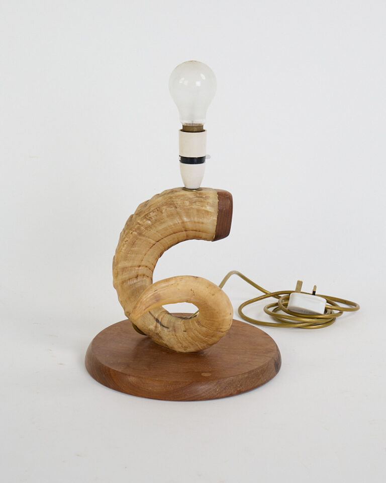 Vintage Ram's Horn and Wood Table Lamp with Exposed Bulb