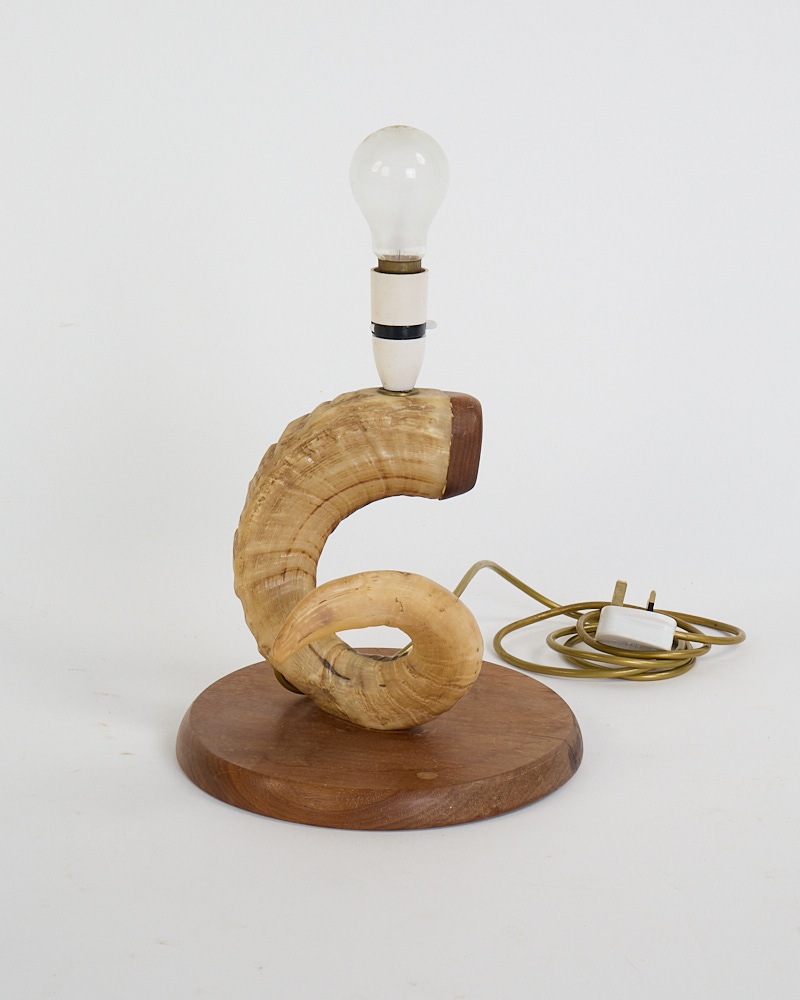 Vintage Ram’s Horn and Wood Table Lamp with Exposed Bulb