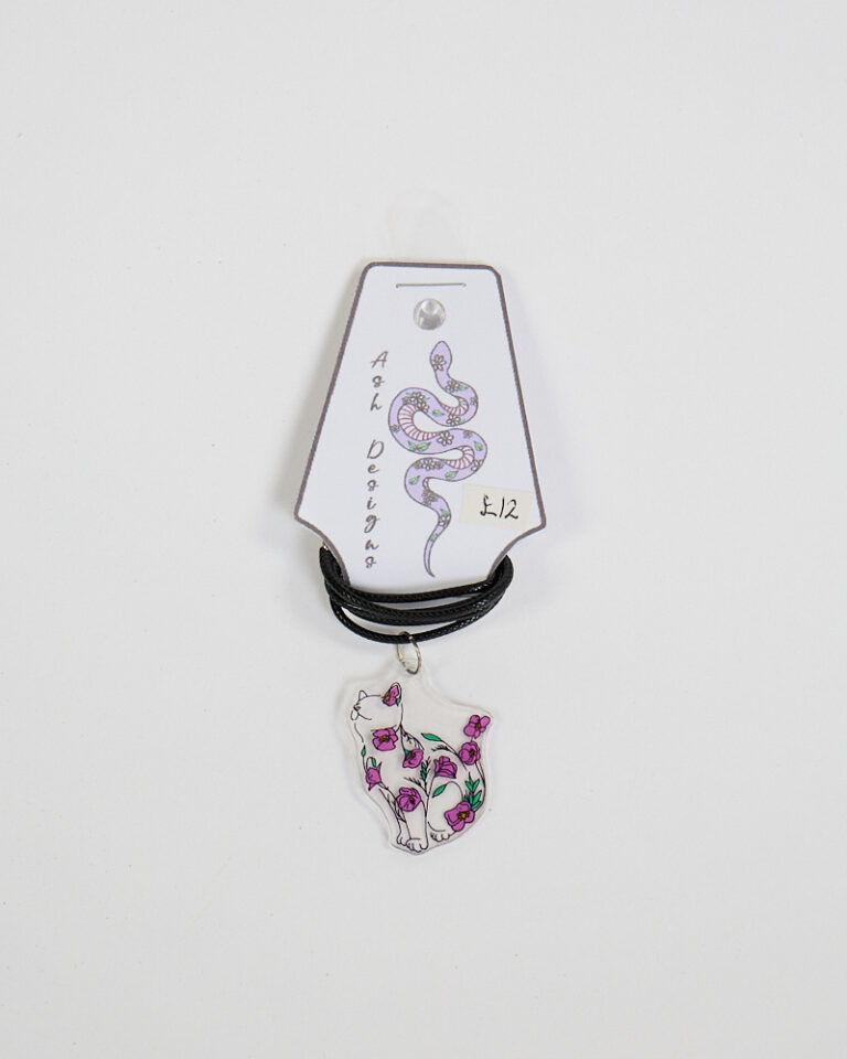 Floral Cat Acrylic Necklace with Black Cord by Ash Designs