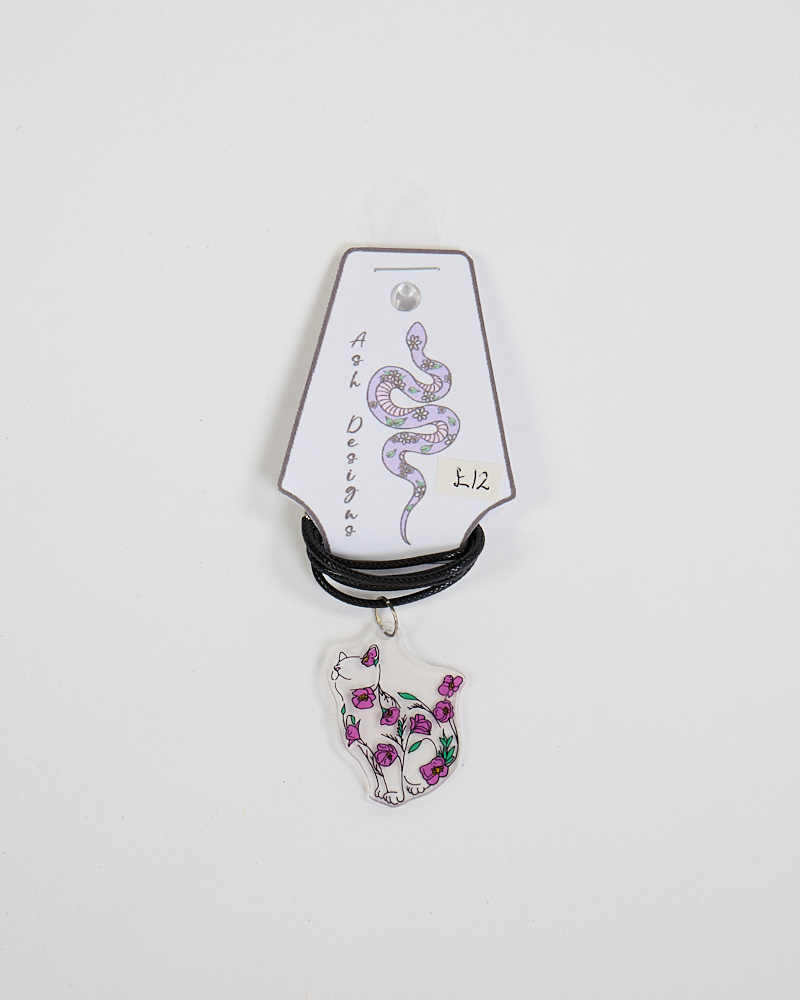 Floral Cat Acrylic Necklace with Black Cord by Ash Designs