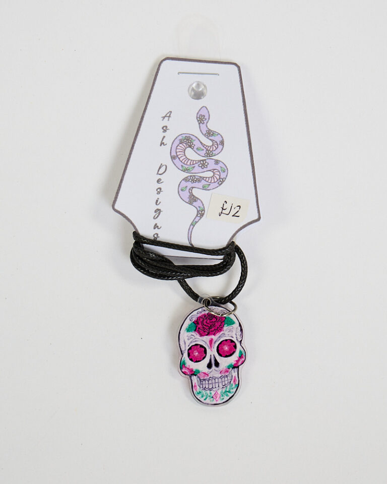 Handmade Sugar Skull Necklace with Pink Roses by Ash Designs