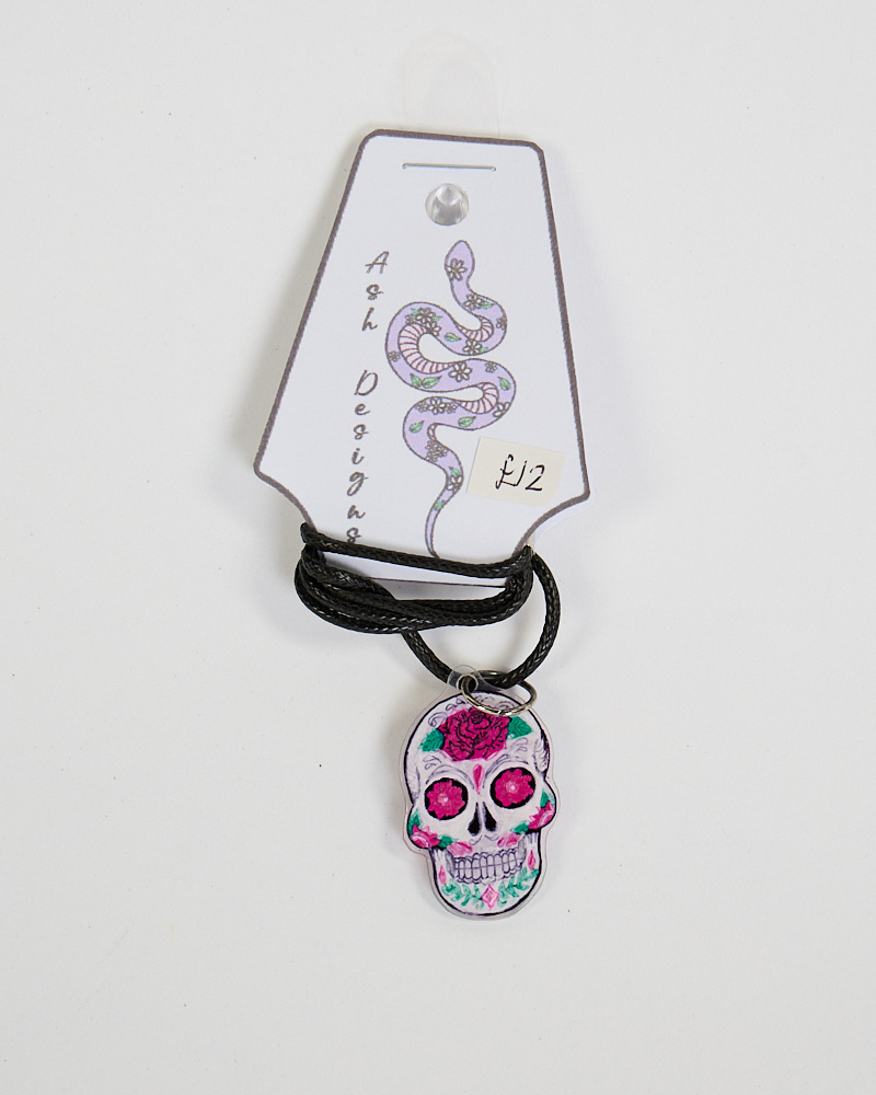 Handmade Sugar Skull Necklace with Pink Roses by Ash Designs