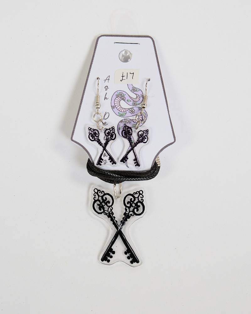 Black Skeleton Key Necklace & Earring Set by Ash Designs