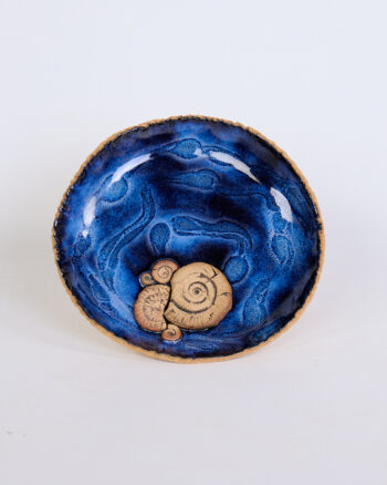 Large Ceramic Dish with Blue Glaze and Fossil Detail