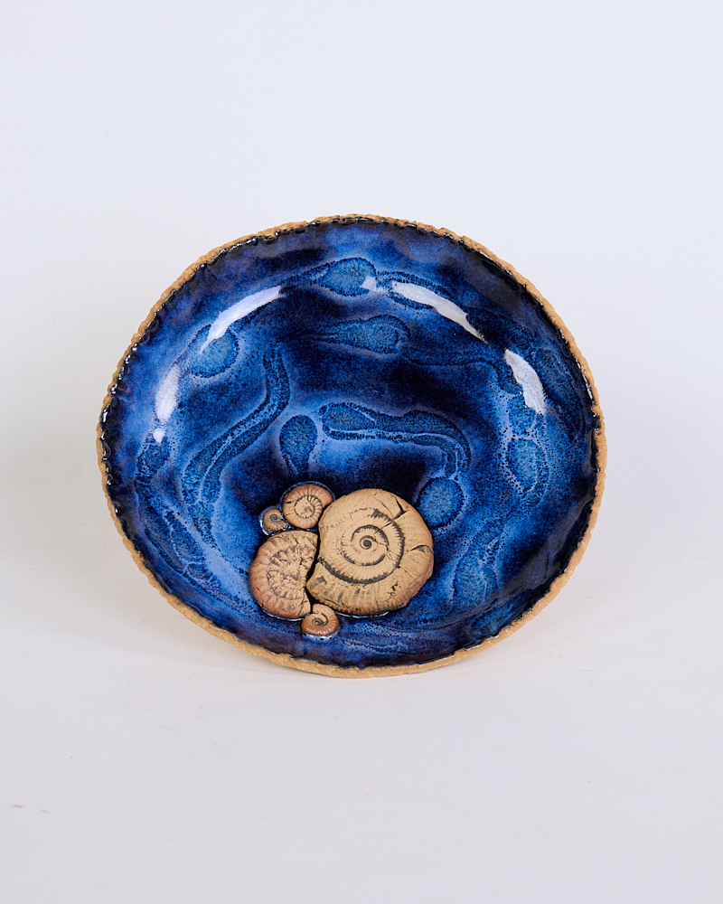 Large Ceramic Dish with Blue Glaze and Fossil Detail