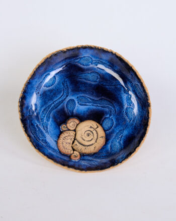 Large Ceramic Dish with Blue Glaze and Fossil Detail