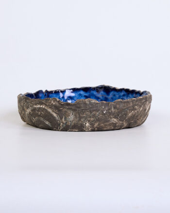 Large Textured Ceramic Decorative Bowl with Deep Blue Glaze