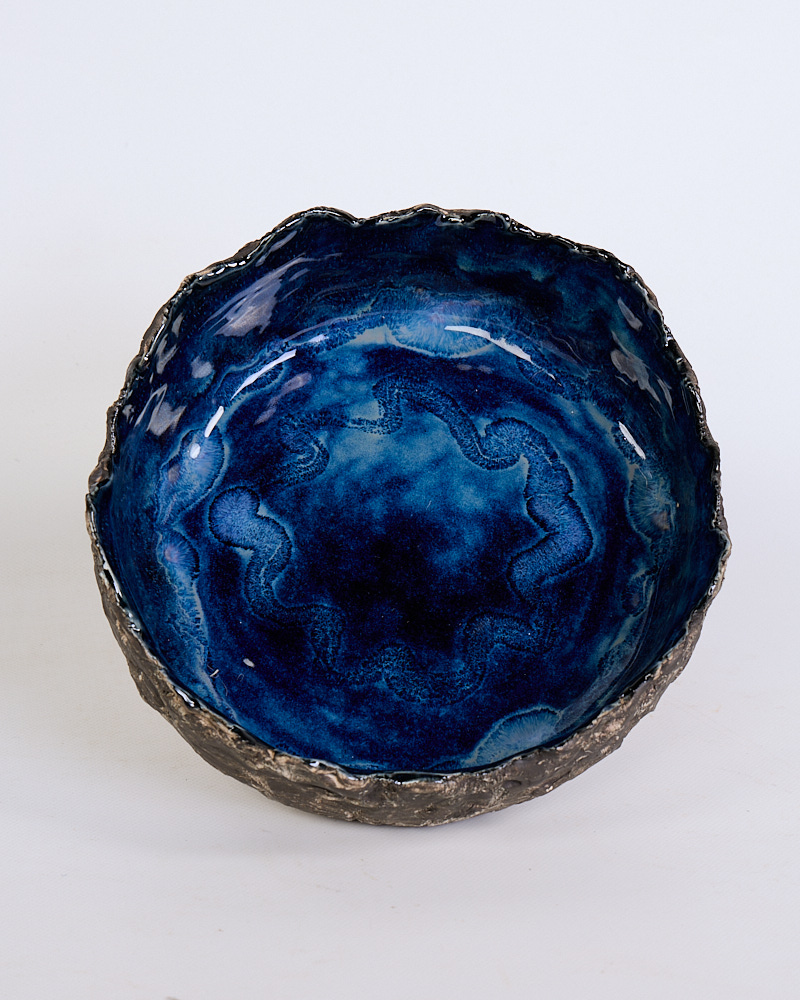 Large Textured Ceramic Decorative Bowl with Deep Blue Glaze