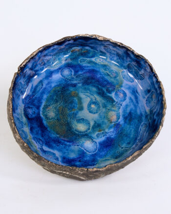 Large Textured Ceramic Decorative Bowl with Deep Blue Ocean Glaze