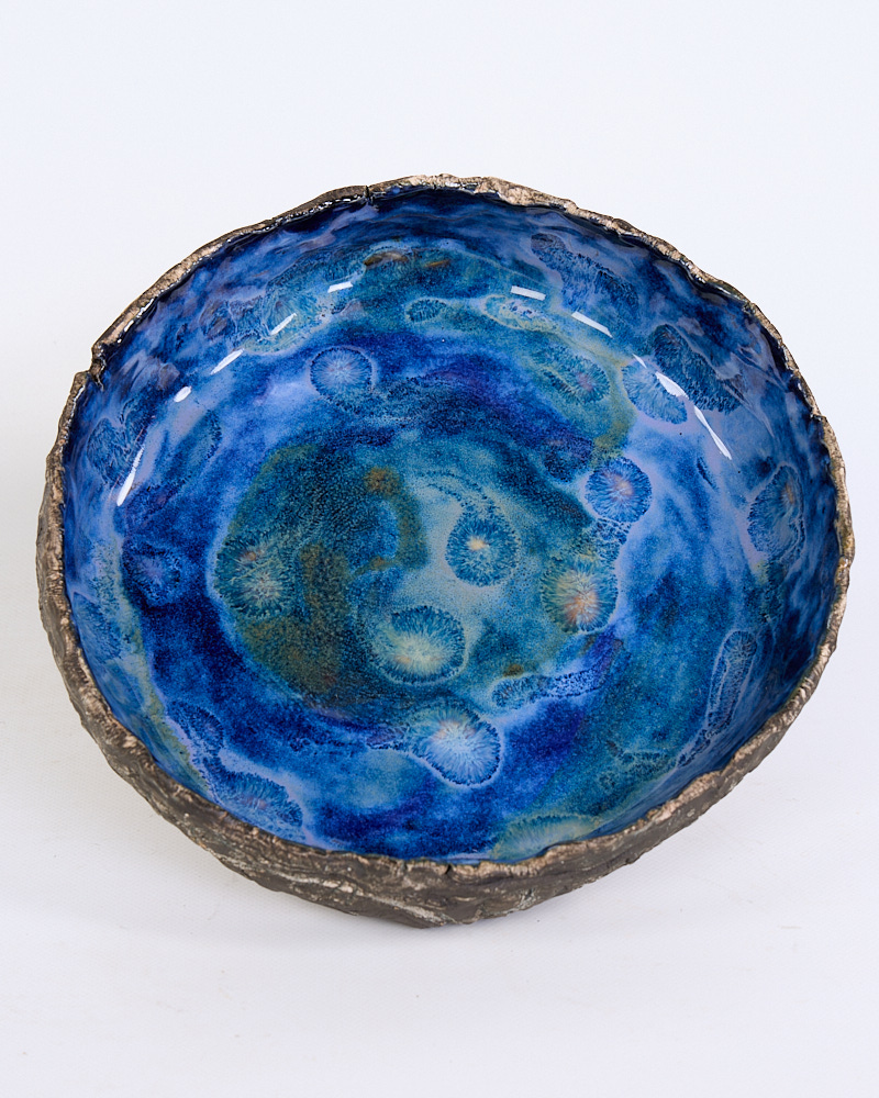 Large Textured Ceramic Decorative Bowl with Deep Blue Ocean Glaze