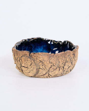 Handmade Medium Ceramic Bowl with Textured Exterior and Deep Blue Glaze