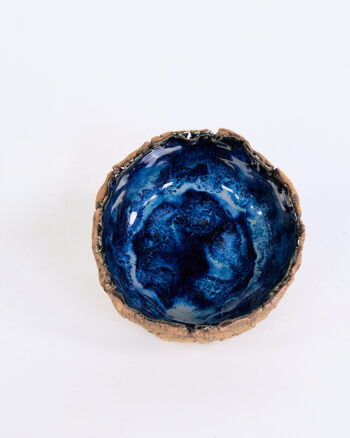 Handmade Medium Ceramic Bowl with Textured Exterior and Deep Blue Glaze