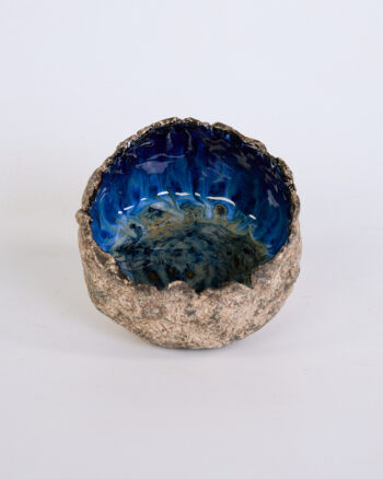 Handmade Medium Deep Blue Glaze Ceramic Bowl with Textured Exterior