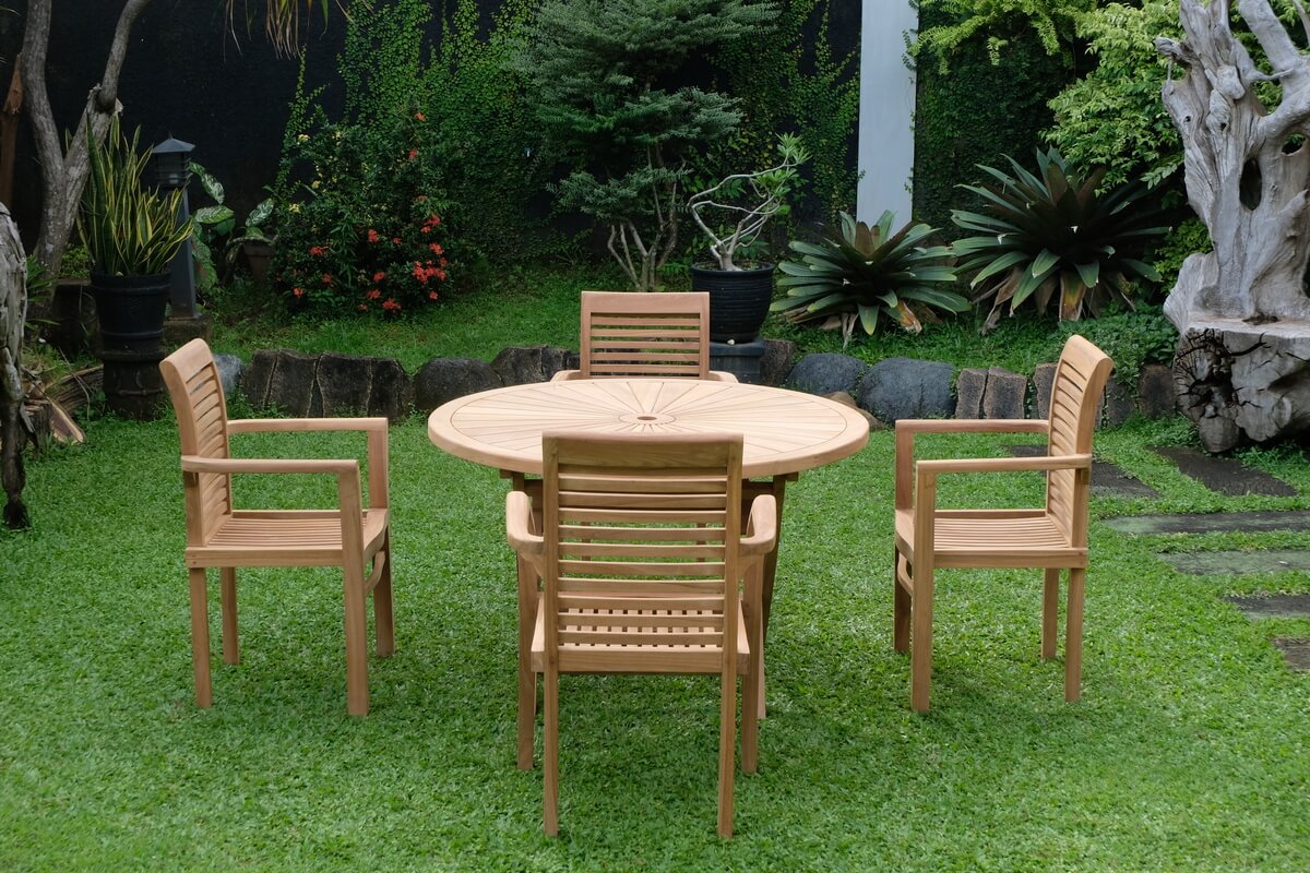 Teak Sunburst Folding Table with 4 Belgrave Stacking Chairs