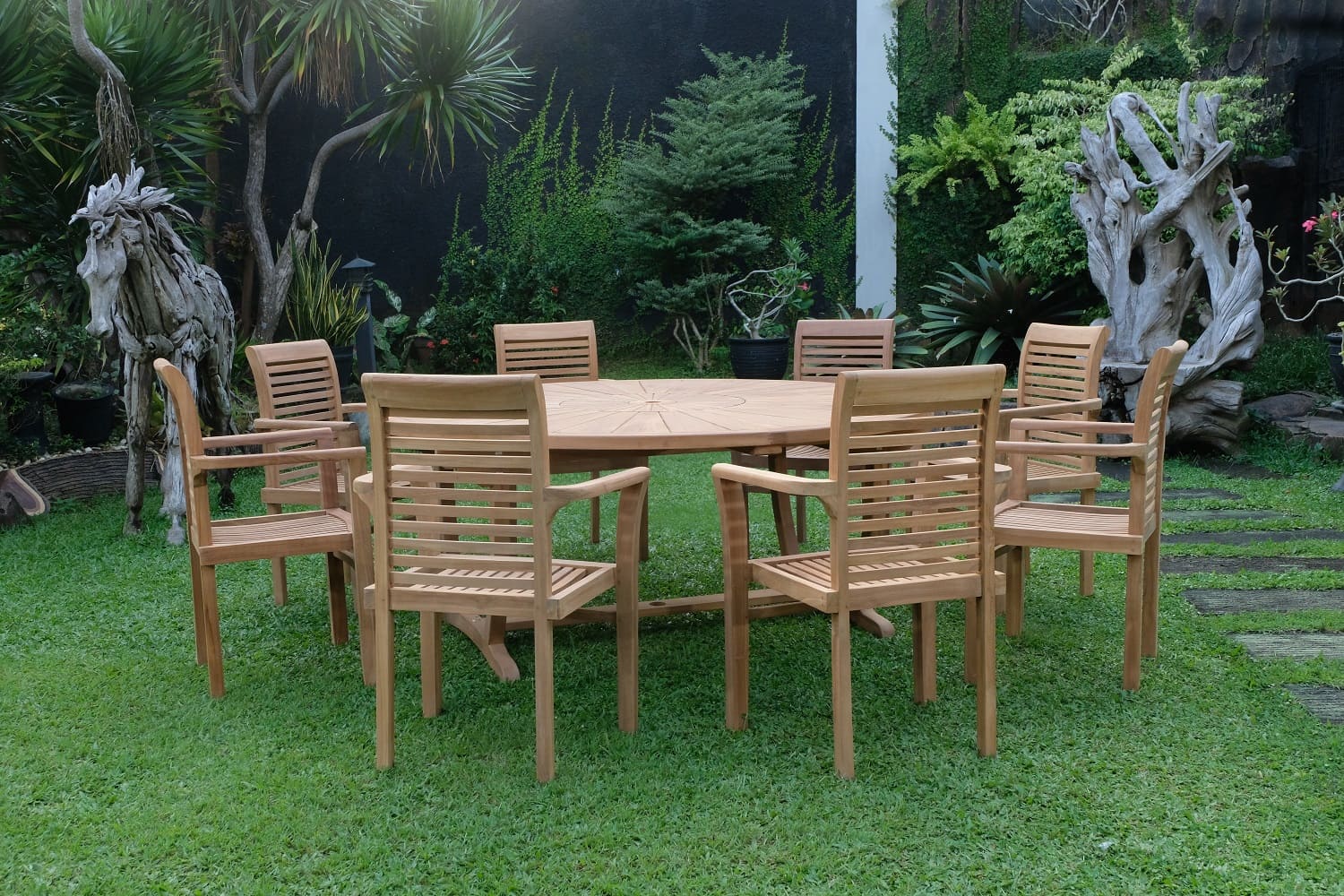 Teak Wood Round Sunburst Outdoor Dining Set with 8 Stacking Chairs