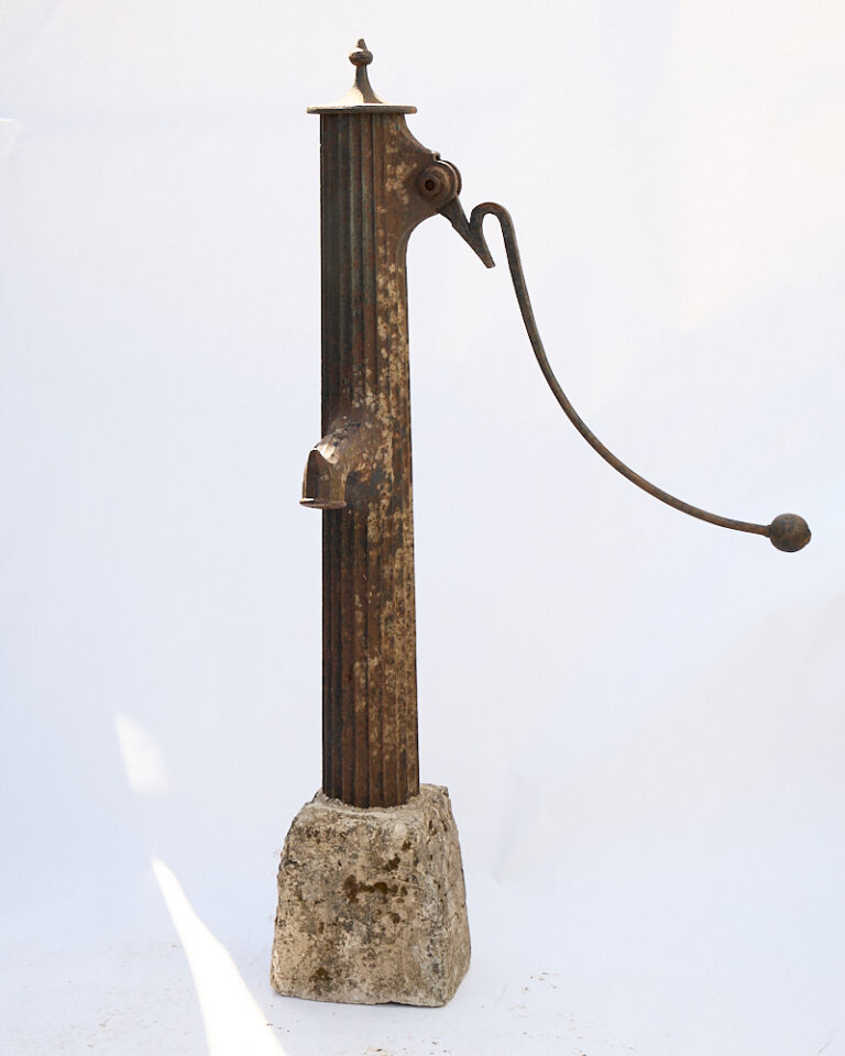 Antique Cast Iron Water Pump with Fluted Column and Stone Base