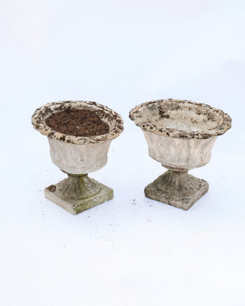 Pair of Weathered Stone Garden Urns with Pedestal Bases