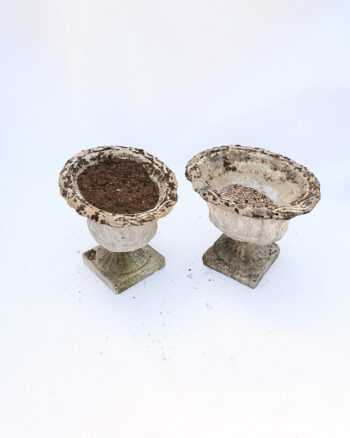 Pair of Weathered Stone Garden Urns with Pedestal Bases