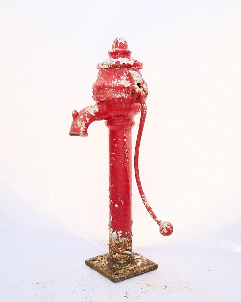 Vintage Cast Iron Garden Water Pump with Distressed Red Paint