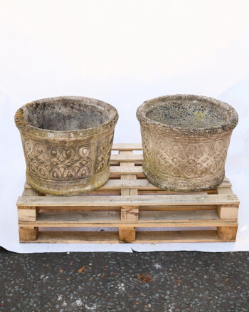 Pair of Large Weathered Concrete Garden Planter with Celtic Knot Design
