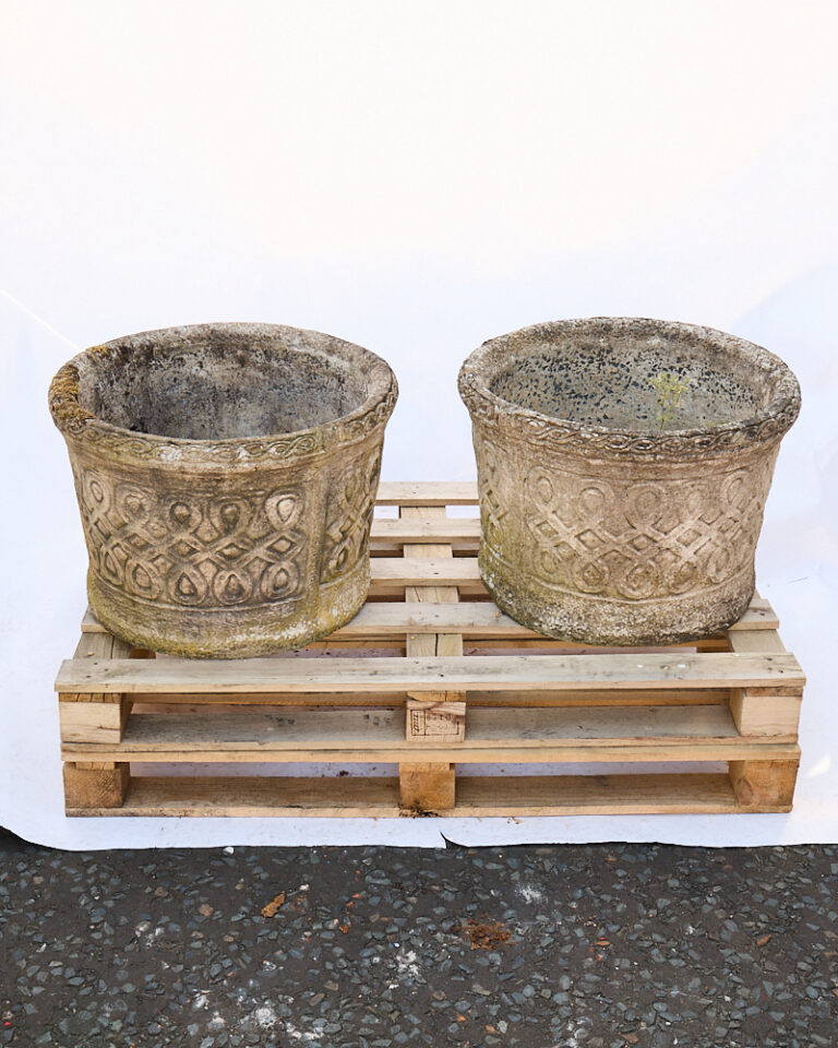 Pair of Large Weathered Concrete Garden Planter with Celtic Knot Design