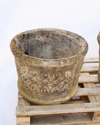 Pair of Large Weathered Concrete Garden Planter with Celtic Knot Design