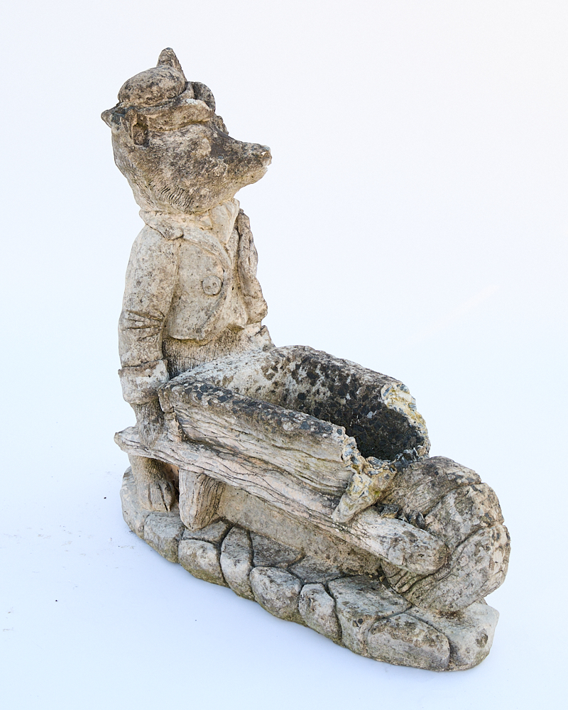 Weathered Concrete Fox & Wheelbarrow Garden Planter