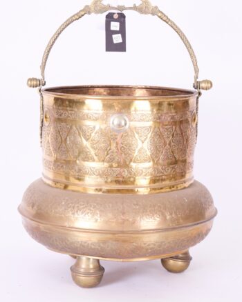 Antique Brass Pot with Ornate Swing Handle & Etched Patterns