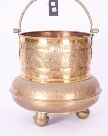 Antique Brass Pot with Ornate Swing Handle & Etched Patterns