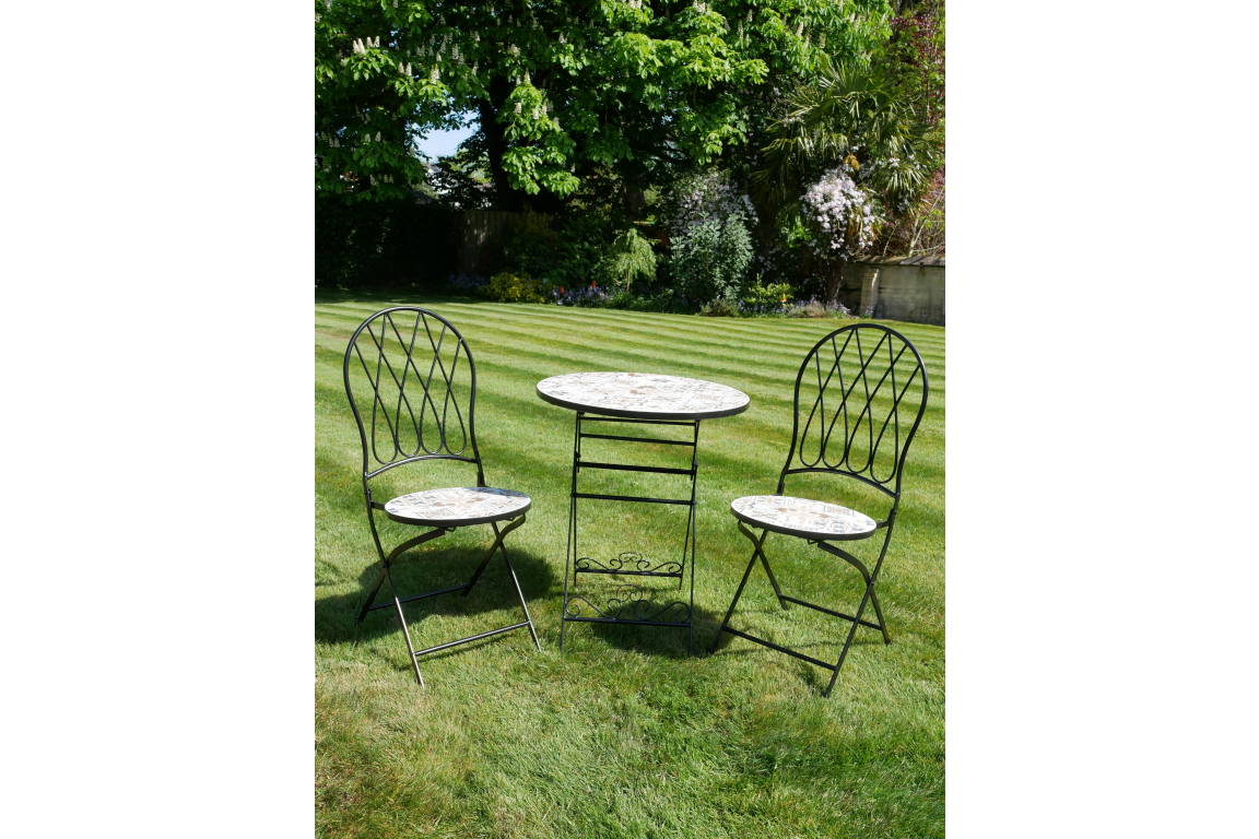 Black Metal Bistro Set with Mosaic Patterned Tiles