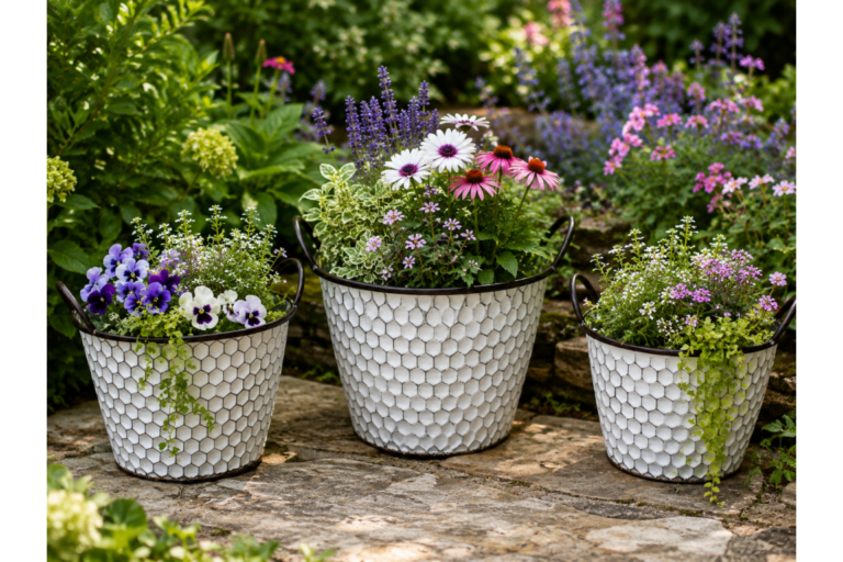 Metal Plant Pot with Hexagonal Pattern