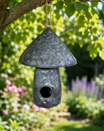 Galvanised Metal Mushroom Birdhouse with Jute Rope