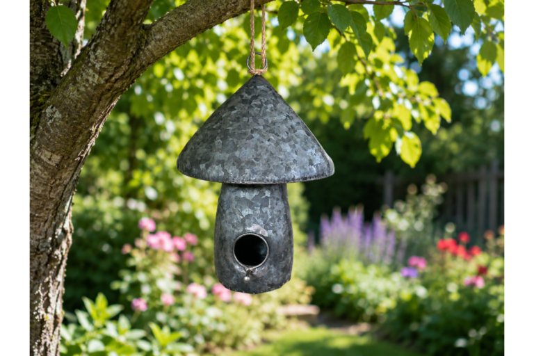 Galvanised Metal Mushroom Birdhouse with Jute Rope