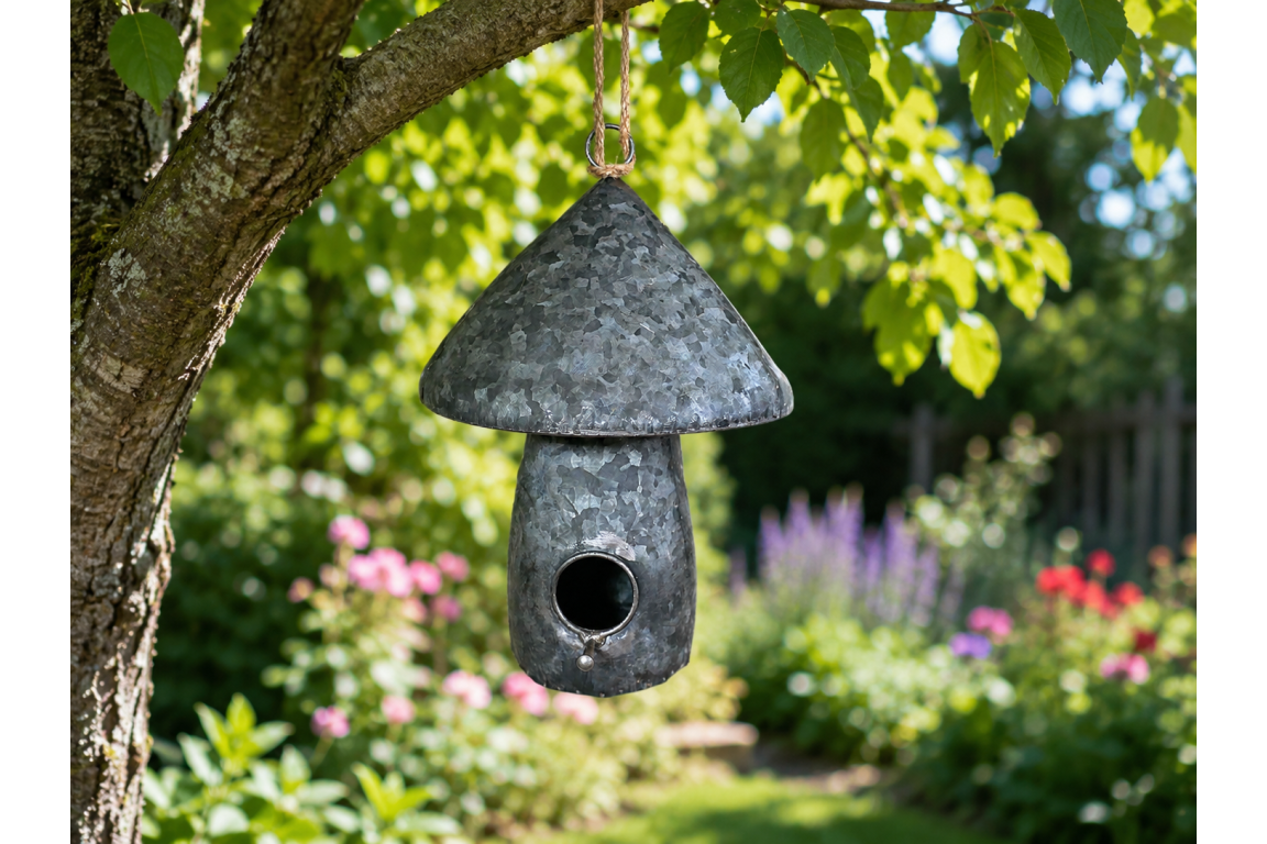 Galvanised Metal Mushroom Birdhouse with Jute Rope