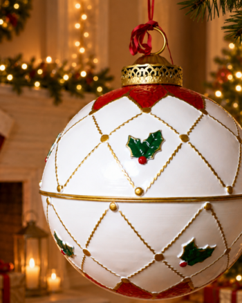 Large White Christmas Holly Detailed Bauble