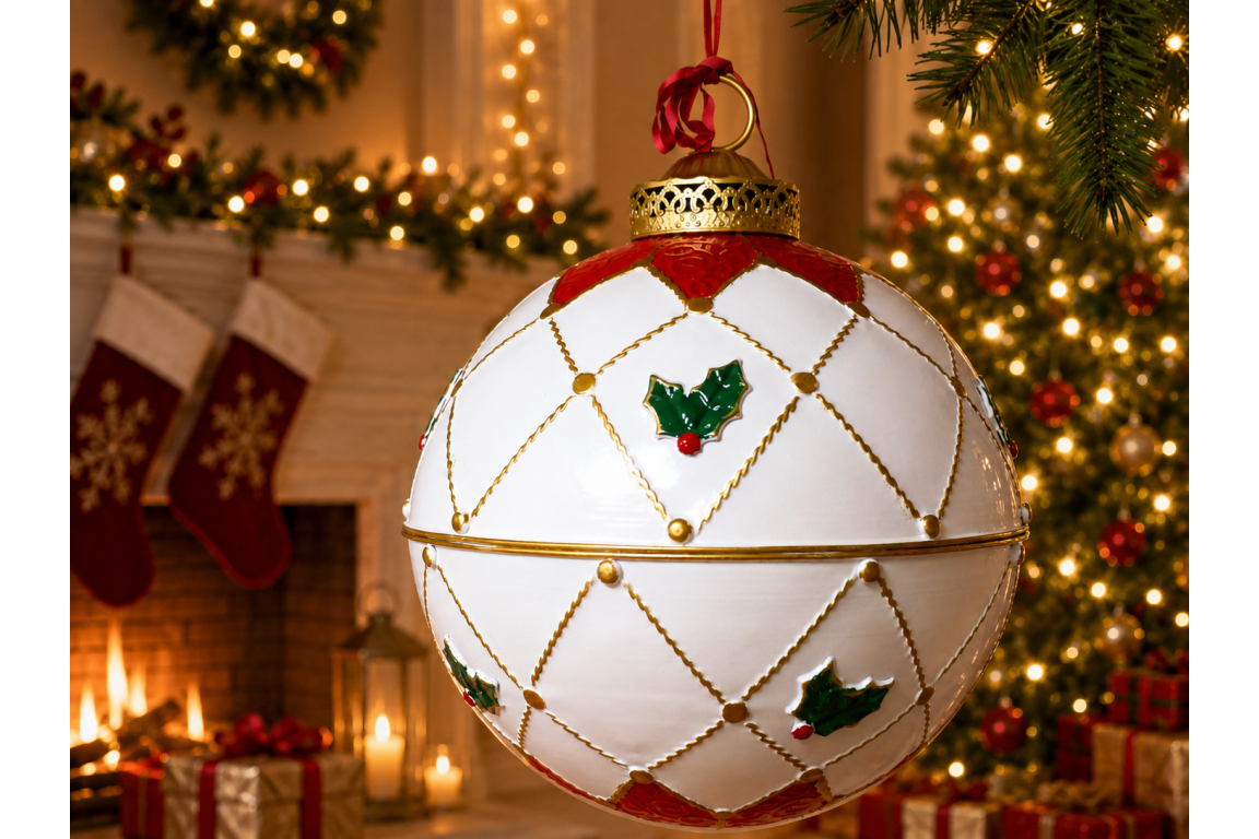 Large White Christmas Holly Detailed Bauble