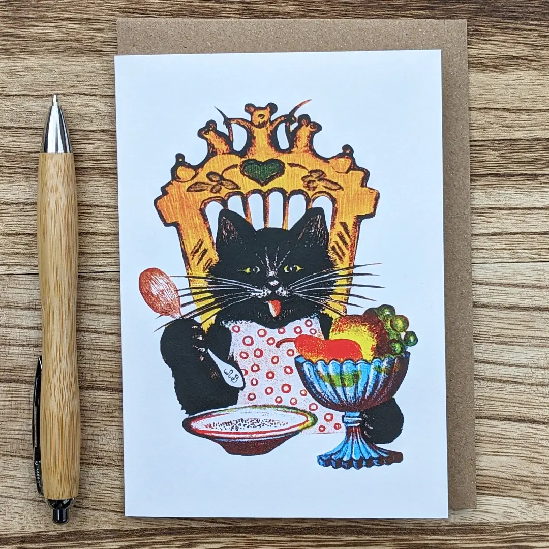 Black Cat Breakfast Greeting Card
