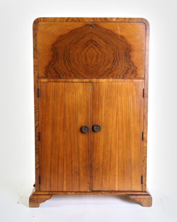 Art Deco Burl Wood Fall-Front Bureau Cabinet with Original Knobs