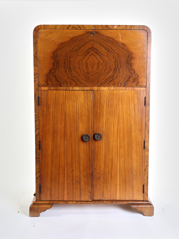 Art Deco Burl Wood Fall-Front Bureau Cabinet with Original Knobs